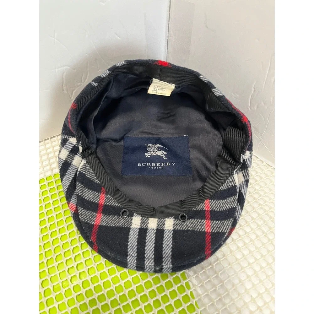 Burberry Plaid Wool Blend Flat Cap Navy Red White Prorsum Knight Logo Size 56